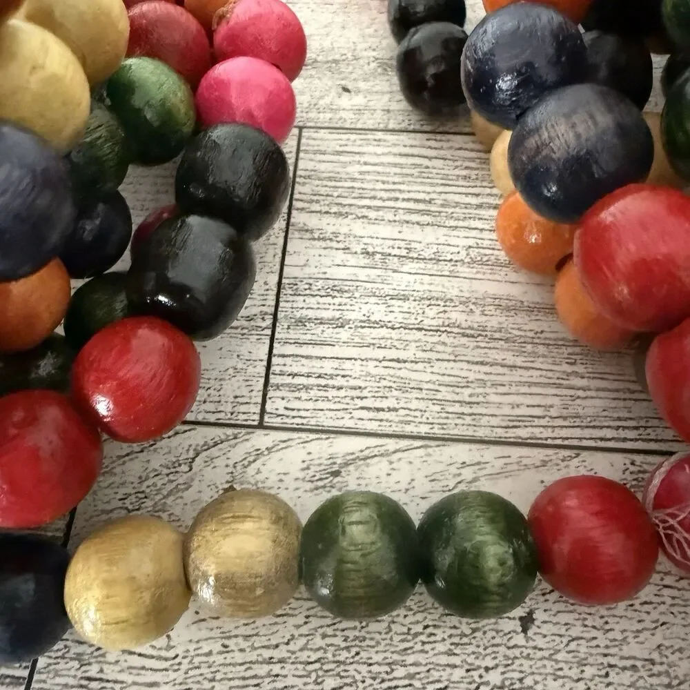 Vintage 9 ft WOODEN BEAD Christmas Tree Garland Strands Multi-Color LOT OF 2